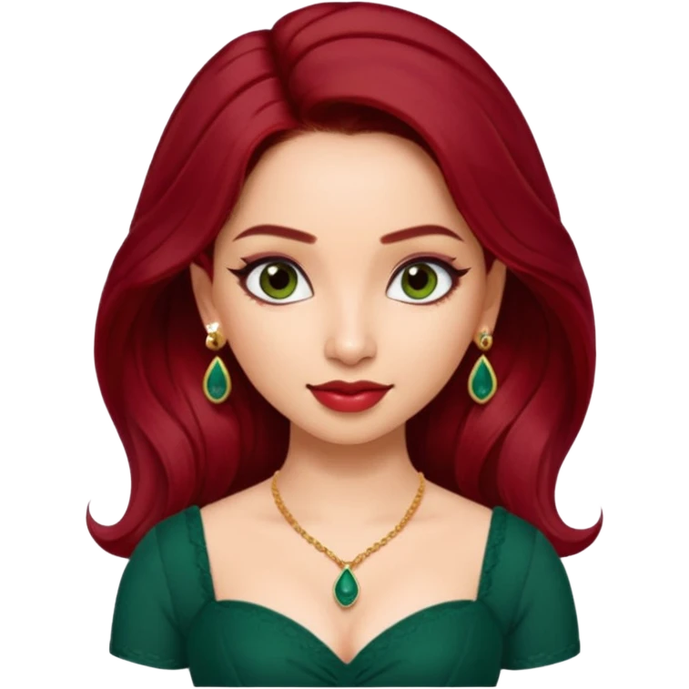 pretty bratz genmoji that looks like tamannah bhatia (bollywood actress), wearing a dark green sweetheart neckline top, dark red hair, light makeup, no necklace, dangly earrings, side hair part emoji