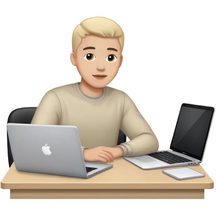 a man in his 20's is sitting at his desk with a laptop emoji
