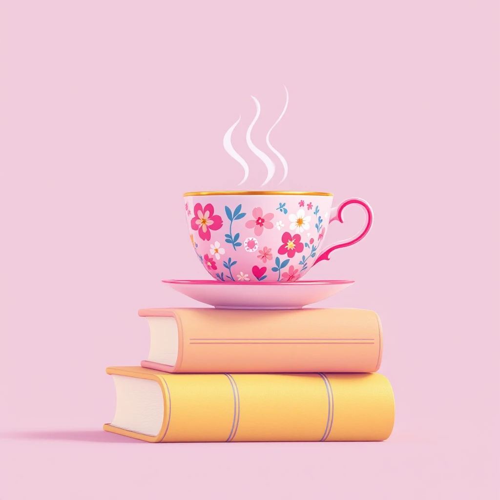 3D iOS 18 style illustration of a cute pink floral teacup with steam, sitting on top of two stacked books (one yellow, one blue with a pink polka dot circle), on a pastel purple background, inspired by the reference image emoji
