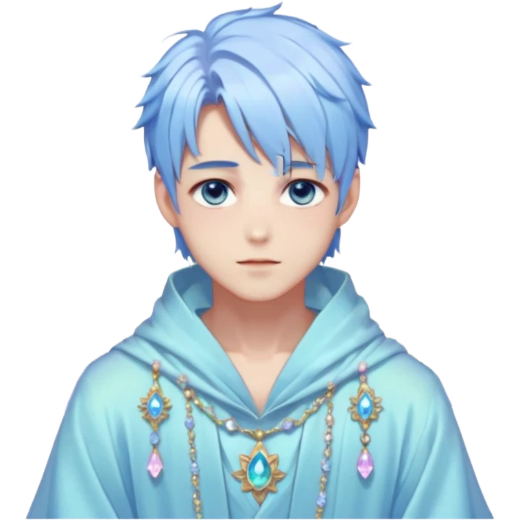 Beautiful gorgeous blushing blue-eyed youthful handsome anime guy with beautiful iridescent-pastel-whitish-special-medium-long-hair, fashion aesthetic, ethereal, fairycore, pastelcore, flower petals, crystals, layered robes, accessories, jewelries, gold, colorful, shiny, trending style, outside emoji
