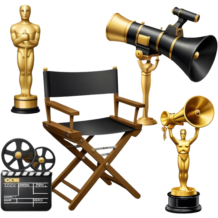 Professional icon for Directing: a collage featuring a director's chair, a film camera, a megaphone and an Oscar trophy. The icon should represent the craft and creativity of film directing, with emphasis on leadership and cinematic artistry. Transparent background. emoji