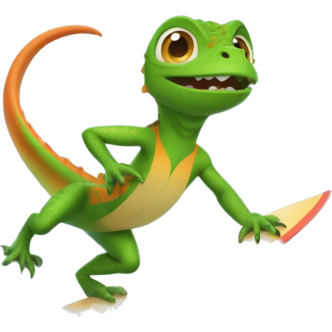 Create an image of a lizard 🦎 riding on a surfboard 🏄 in the ocean 🌊. The lizard should look like it's having fun, with a cool and playful vibe emoji