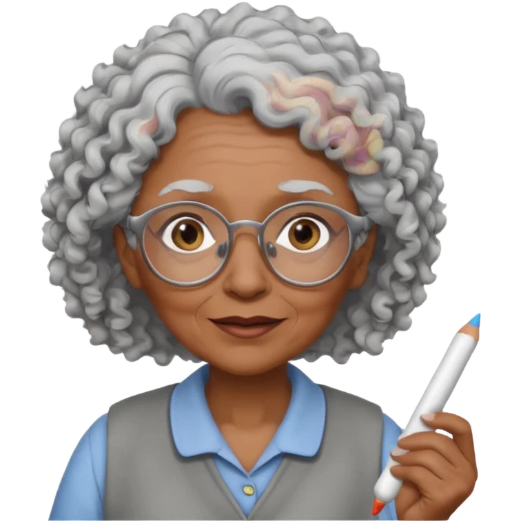 old woman teacher, brown skin, curly grey white hai, wearing glasses, hold chalk on hand emoji