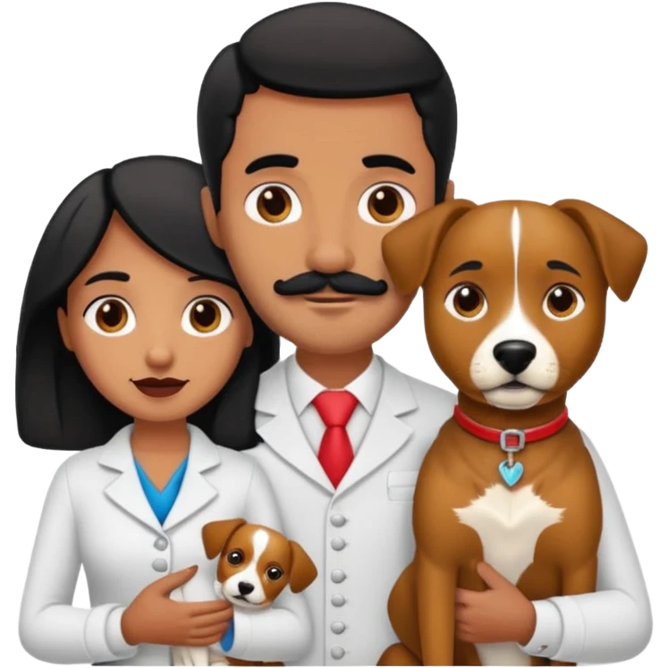 Pareja de novios, pelo negro ambos, y con dos perritos pincher en brazos, el hombre sin bigote y la mujer con pelo largo emoji