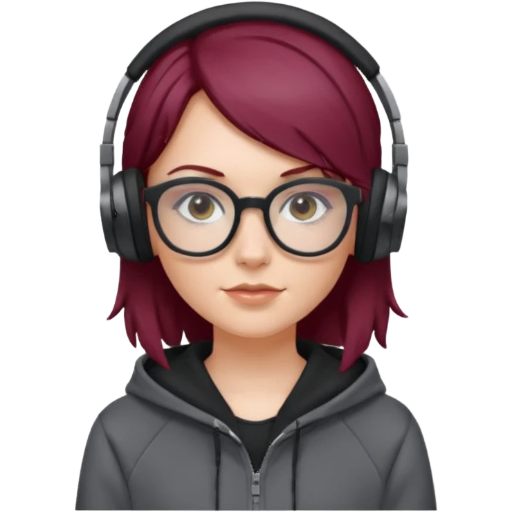 white girl with burgundy hair, gray squared-glasses, black deportive hoodie and black headphones emoji