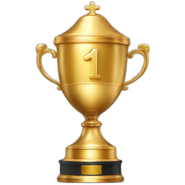 royal big empty Christian trophy for the winner with a cross on royal background  with number 1 emoji
