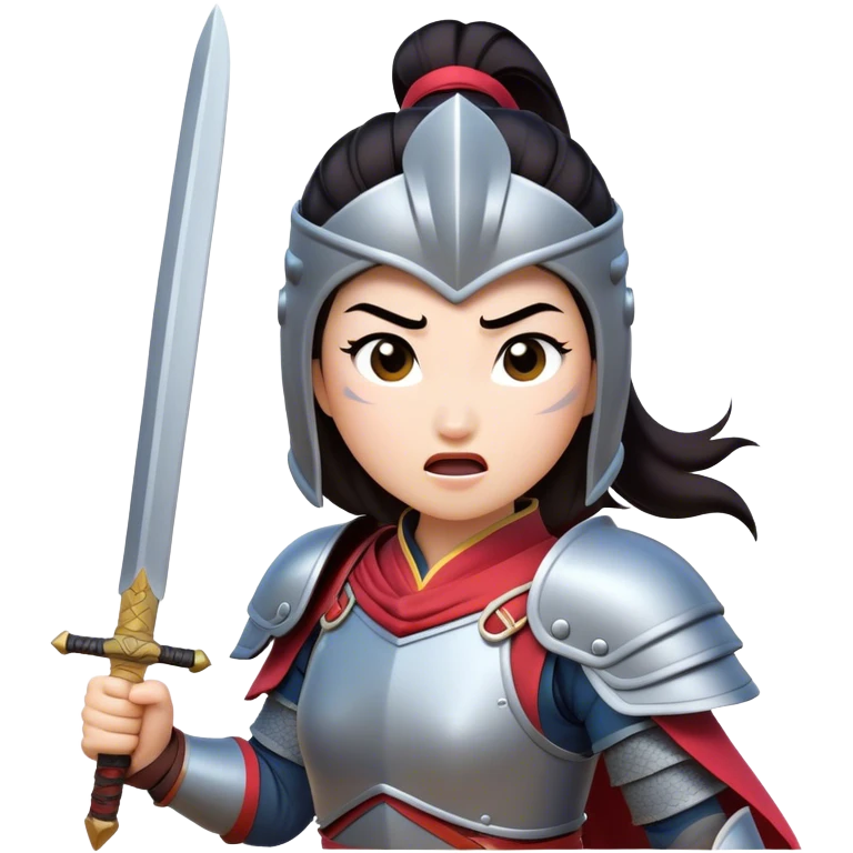 Cinematic Funny Mulan Portrait Emoji, Wearing her training armor too big, looking surprised as a sword nearly topples her over, a mix of warrior determination and hilarious inexperience, a comical yet endearing moment in her transformation! emoji