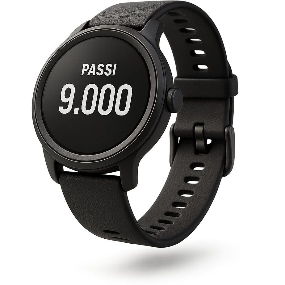 orologio contapassi che segna 9.000 passi sul display in italiano, fluttua in aria, iperrealistica 4k, isolato su sfondo bianco emoji