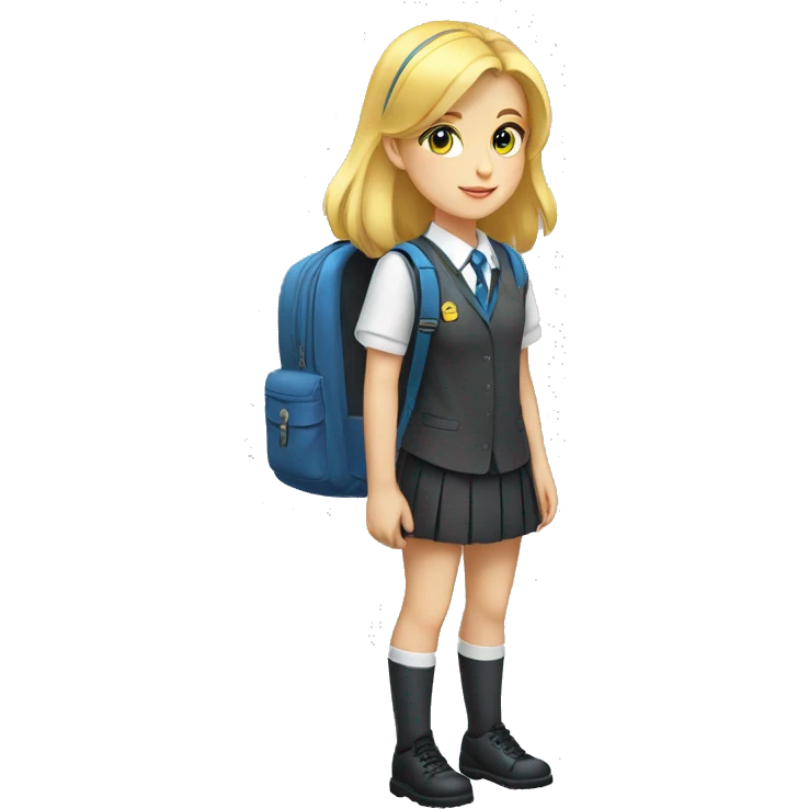blue eyed, blonde hair white young girl wearing a private school uniform and a yellow backpack full body emoji