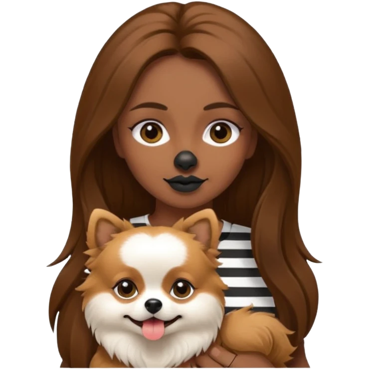 Create an emoji-style illustration of a woman with long brown hair holding one Pomeranian dog. The dog has a black face with a white stripe running down the middle of its nose and mouth. emoji