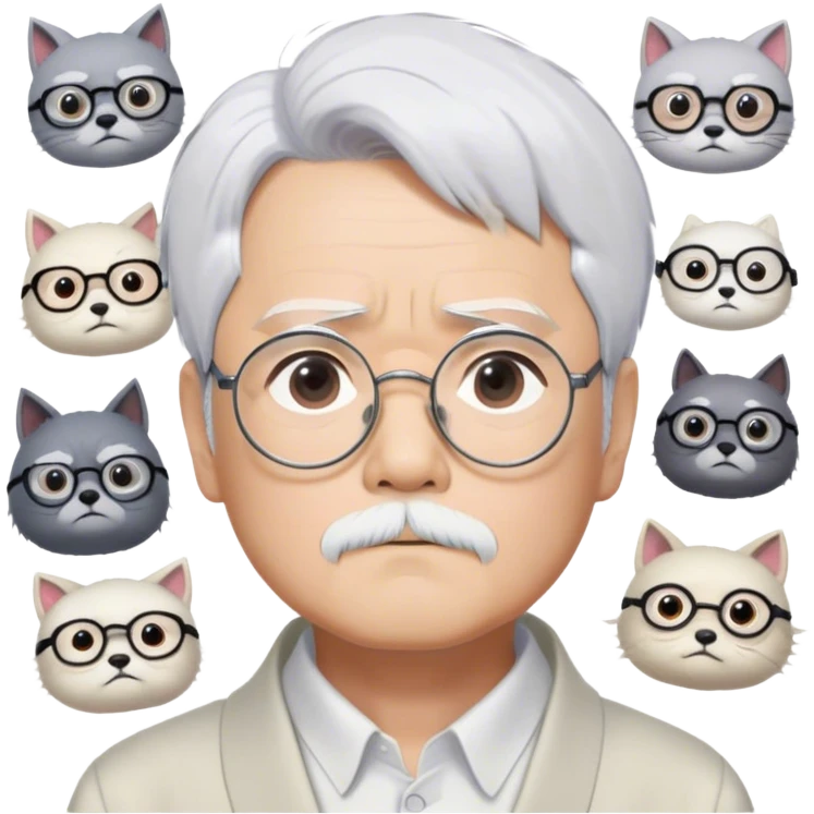​Cinematic Realistic Portrait of Hayao Miyazaki, depicted with striking white hair, defined black eyebrows, and large rectangular glasses, his thoughtful expression rendered in lifelike detail against a background of whimsical Studio Ghibli-inspired sketches, illuminated with soft, realistic lighting that emphasizes his creative genius, emoji