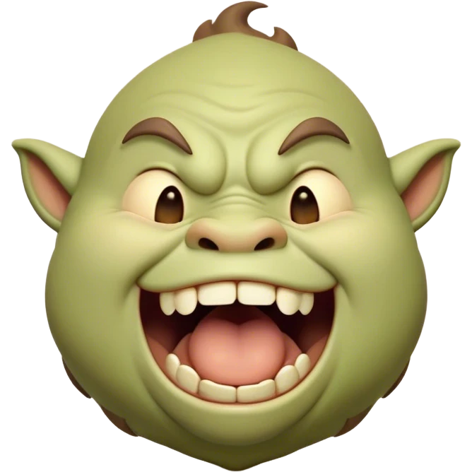 Cinematic Cute Yawning Ogre Portrait Emoji, with a surprisingly cuddly, rotund figure in soft earthy greens and browns, head tilted back in a big, gentle yawn exposing a set of comically oversized teeth, simplified yet irresistibly adorable, highly detailed with a soft glowing outline that captures the sleepy charm of a friendly ogre after a long day of gentle mischief! emoji