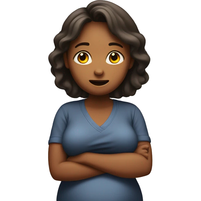 A pregnant woman facing forward and shrugging her shoulders with her palms raised. emoji