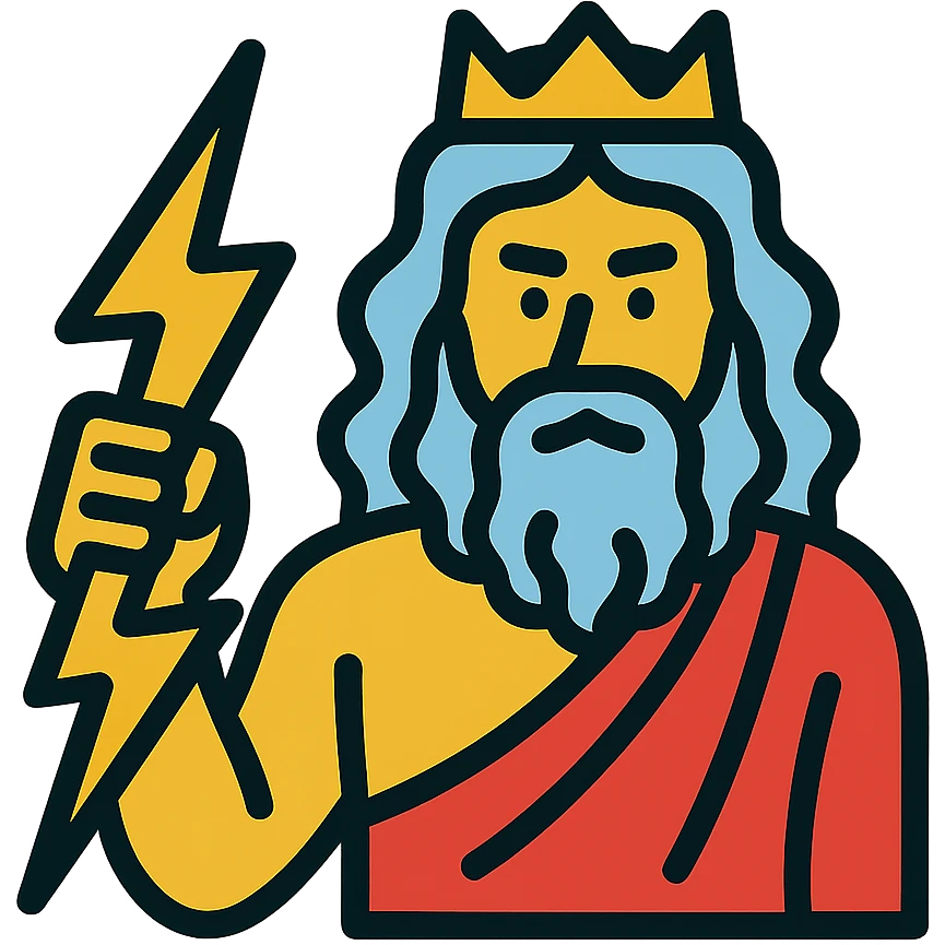 A detailed illustration of Zeus, the Greek god, with his beard, long curly hair, and regal attire, holding a lightning bolt emoji