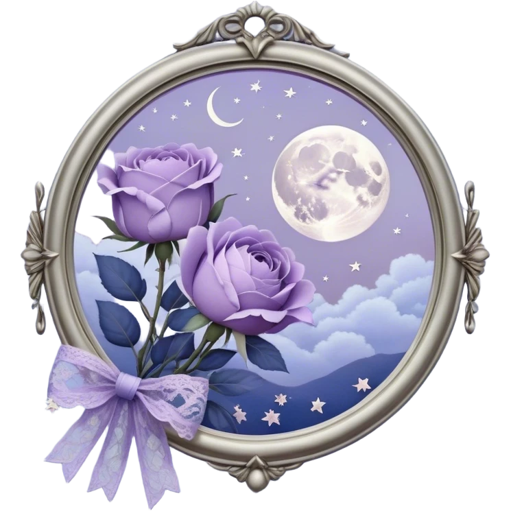Under the soft light of a vintage brass lantern, a small bundle of lilac roses, indigo peonies, and delicate lavender sprigs is tied with a lace ribbon in a muted violet hue. Above, the sky is scattered with tiny silver stars, reflecting gently in the antique hand mirror with a moon-shaped handle beside the bouquet. emoji