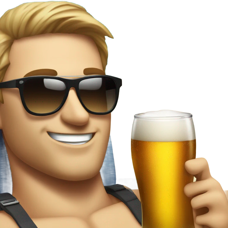 Fair skinned Man with sunglasses and a very large glass of beer sunbathing on a Spanish beach emoji