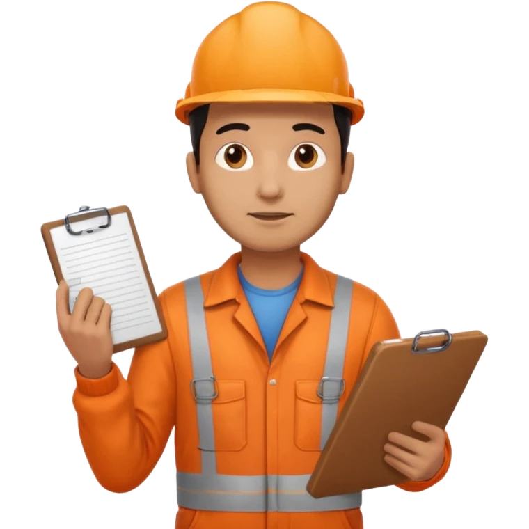 Indian male railway engineer orange overalls, boots holding a clipboard back of head emoji