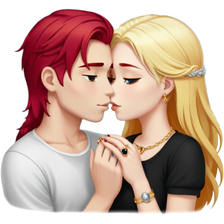 couple kissing, girl with long cherry red hair, blonde eyebrows, gold jewelry, boy with SHORT PURE WHITE hair like snow, dark t-shirt, silver ring with black stone emoji