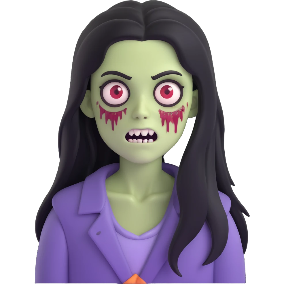 girl zombie with black long hair with teeth and serious face emoji
