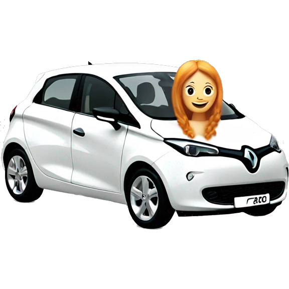 A white Renault Zoe car with a ginger girl next to it being happy  emoji