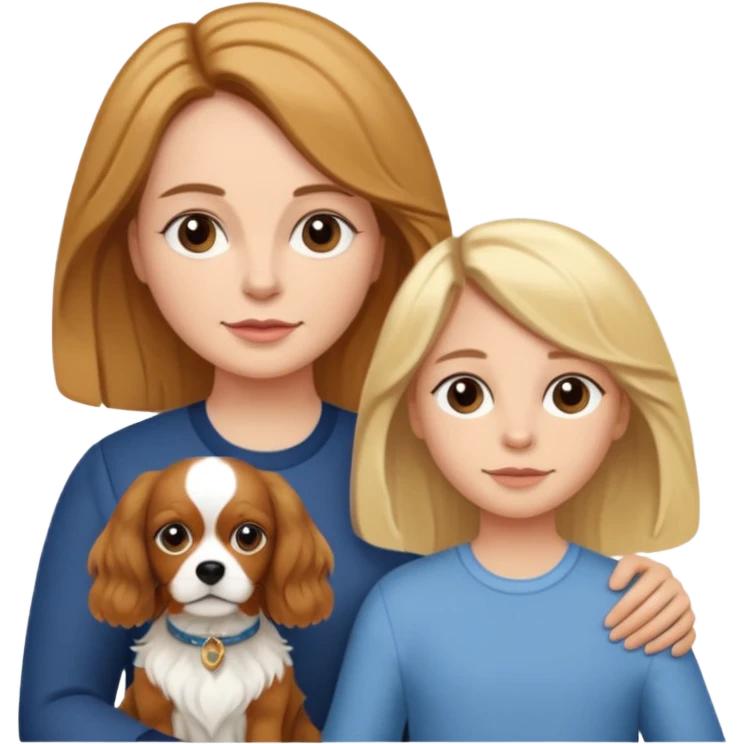 Make a picture of a mother, daughter and dog. Mother has short hair. Daughter has long hair. Dog is a King Charles Spaniel. emoji
