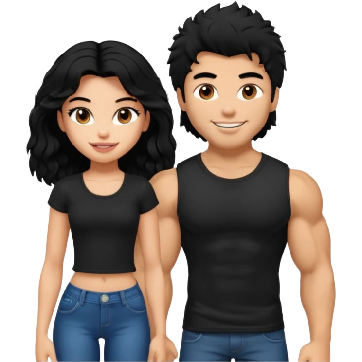 a pretty bratz guy with black hair with big muscles and shaggy hair in a tight black tee smiling standing with a girl emoji
