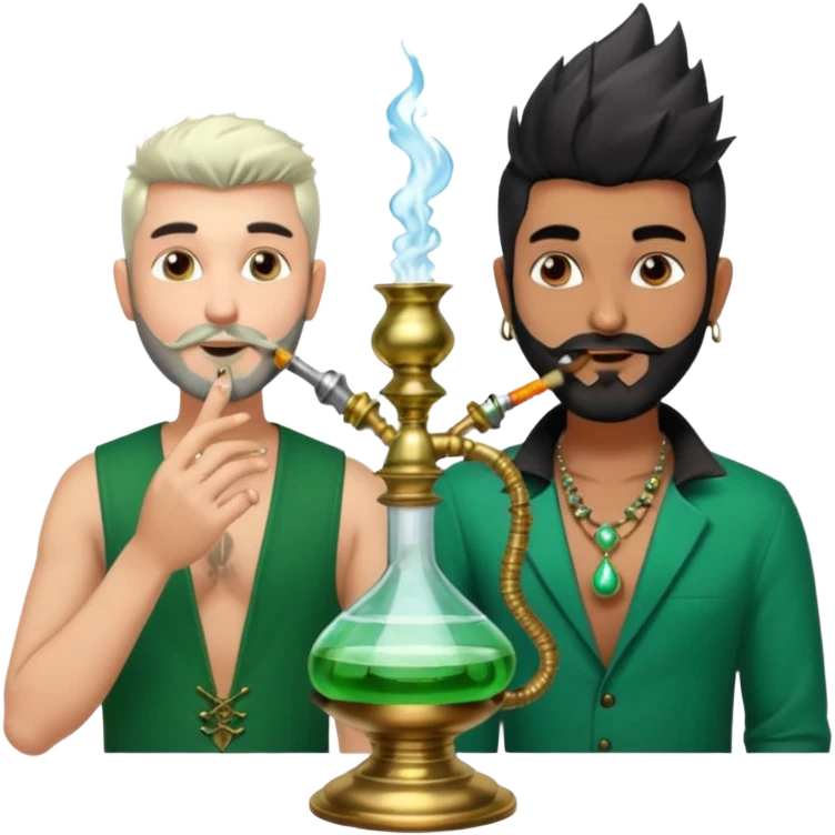 Brass hookah with green design on a glass water base on the top; with two smoke pipes where people are holding them and smoking - one white guy with spikes (silver and black hair) and another Tamil handsome with little beard Indian guy emoji