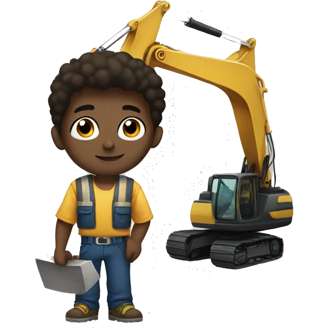 brunette boy with black eyes holding an excavator emoji