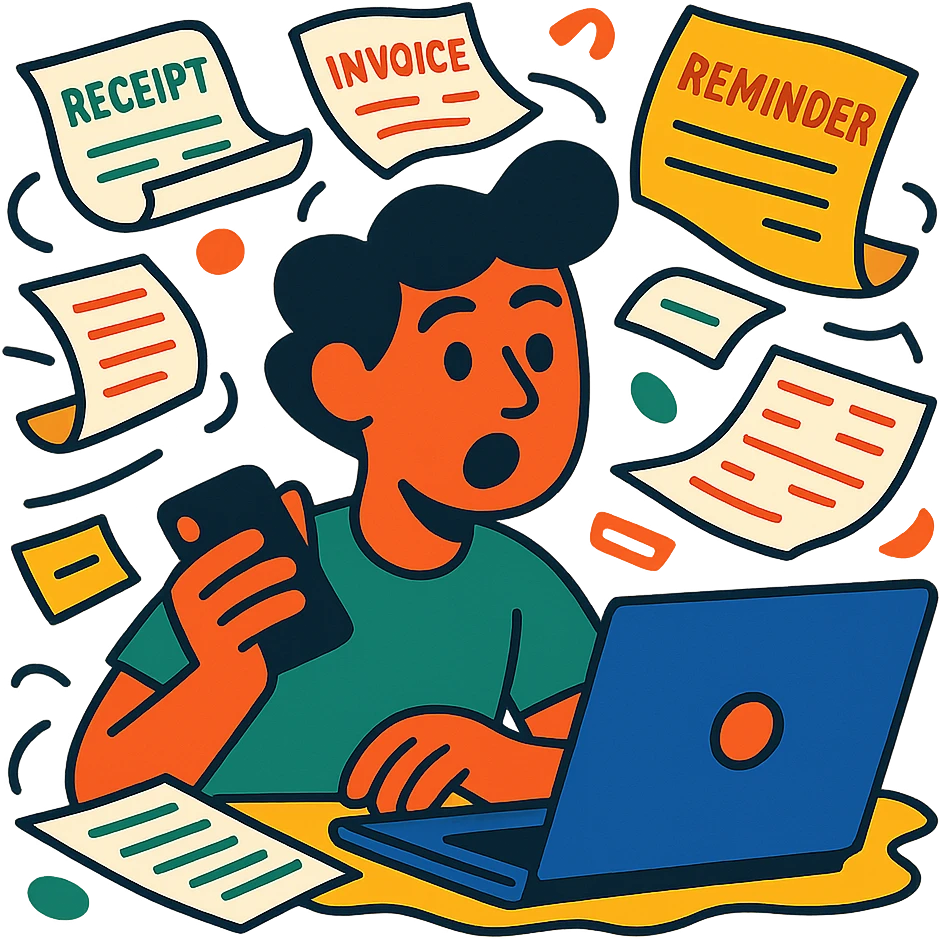 person holding a phone in one hand, laptop open in front, storm of receipts, invoices, and reminders swirling around, multitasking chaos emoji
