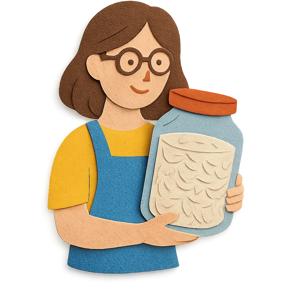 designer woman with brown hair holding a big glass jar of rice in paper craft style emoji