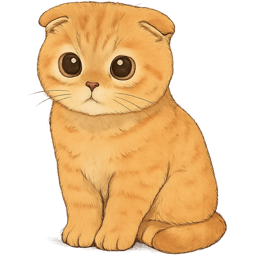 orange scottish fold kitten sitting, dark round innocent eyes emoji