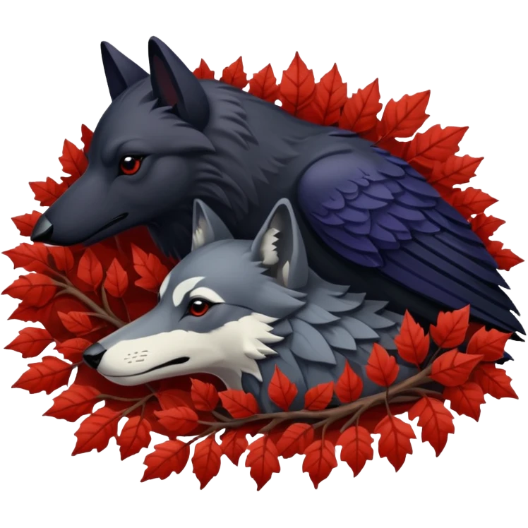 A raven and a wolf curled together with Weirwood leaves beneath them  emoji