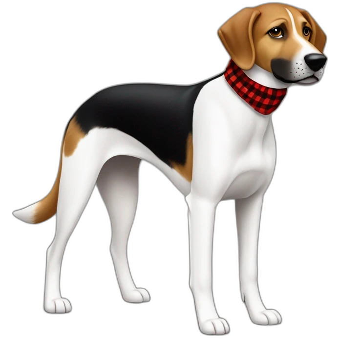 75% Coonhound 25% German Shepherd mix dog wearing small pointed red buffalo plaid bandana side view full body facing left emoji