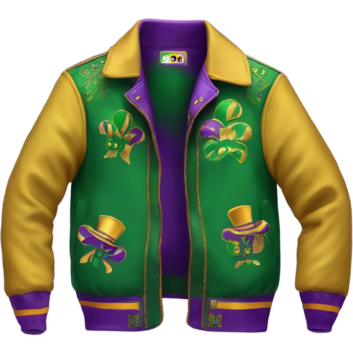 Lettermen jacket in purple, gold and green with the words “Mardi Gras” on the back  emoji