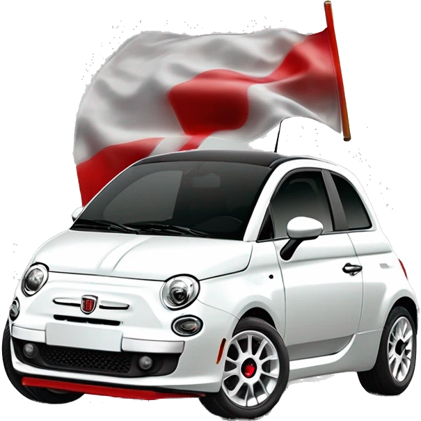 Crée moi un emoji d’une Fiat 500 abarth qui est de couleur blanche , avec la bande sur le côté rouge et les rétroviseurs rouge. Les jantes chrome style pétale. emoji