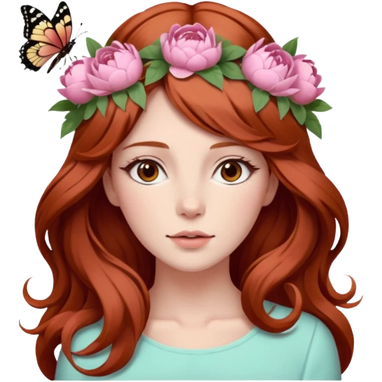 Woman with long flowing auburn hair wearing a pastel flower crown with big peonies and roses and butterflies in it emoji
