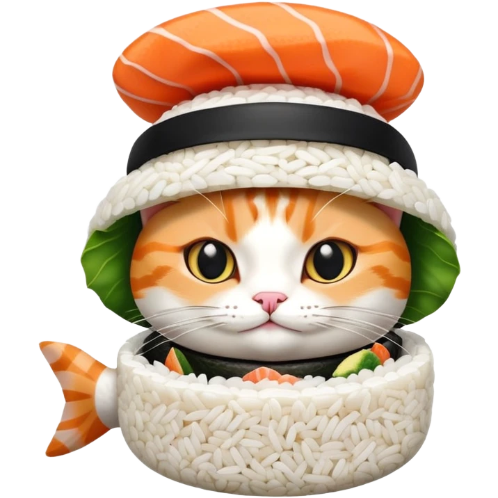 cat wearing a hat with a rice base and multiple fish pieces on top, sushi hat emoji