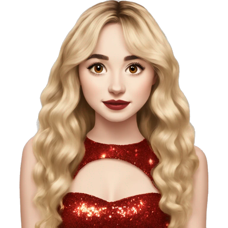 red sparkly dress Sabrina carpenter, long wavy blonde hair with bangs emoji