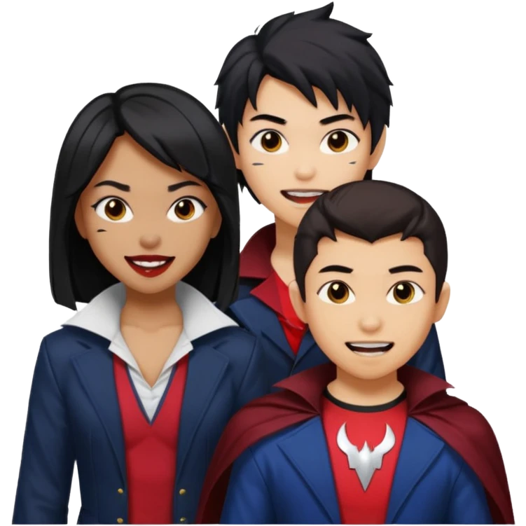 Solo poly platonic relationship, one is south African girl, one is Asian boy, one is biracial features Asian tomboy girl, vampire and marvel cosplay elements inspired. emoji