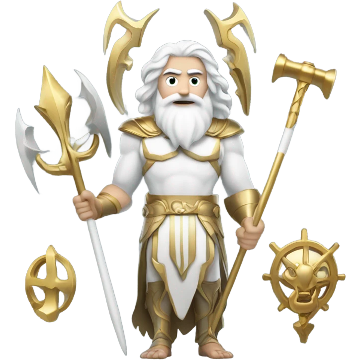 white man Poseidon with gold Trident. long white hair white dress.  with mechanic tools emoji