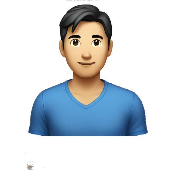 Asian man in blue shirt, dark medium length  hair, standing in a shipping box emoji