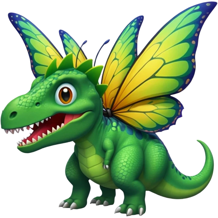 A dinosaur chewing on a huge butterfly emoji