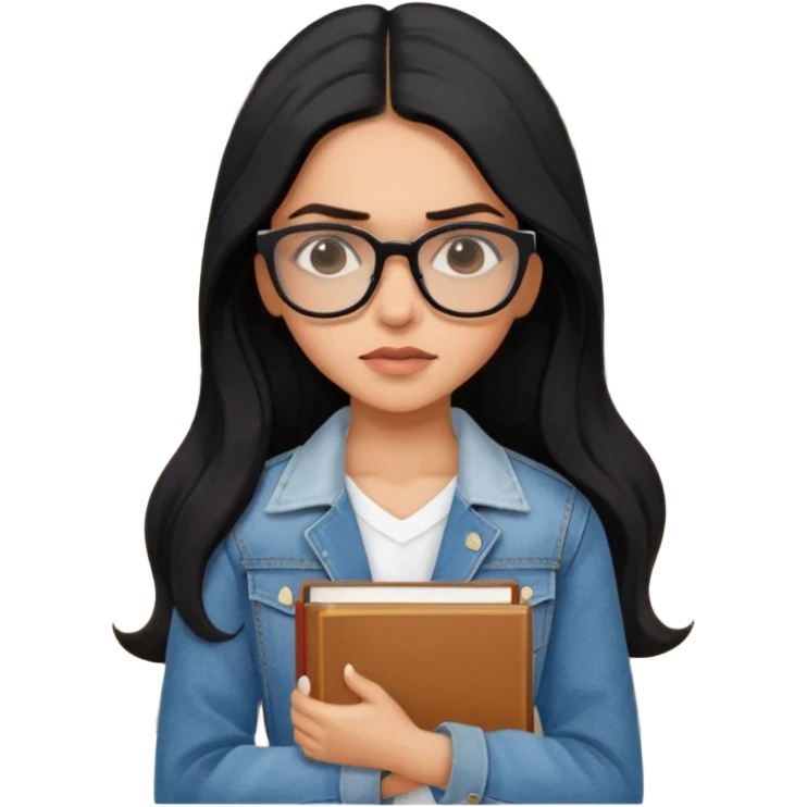 generate a pretty bratz emoji 
Make her look like Deepika Padukone wear a white dress with a denim jacket over it.long  black hair in a side part. Holding books

She should look exactly  like Deepika padukone! wearing tiny rectangular spectacle, looking sad emoji