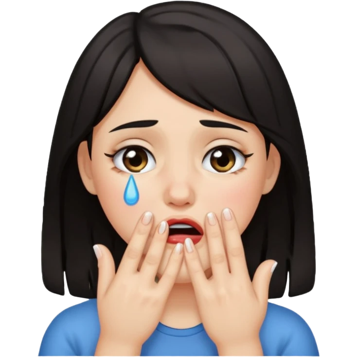 Dark haired girl with fingers in mouth and tears in eyes emoji