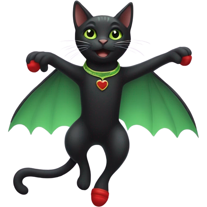 Black cat with green eyes flying in the sky without wings no wings with red cats shoes emoji