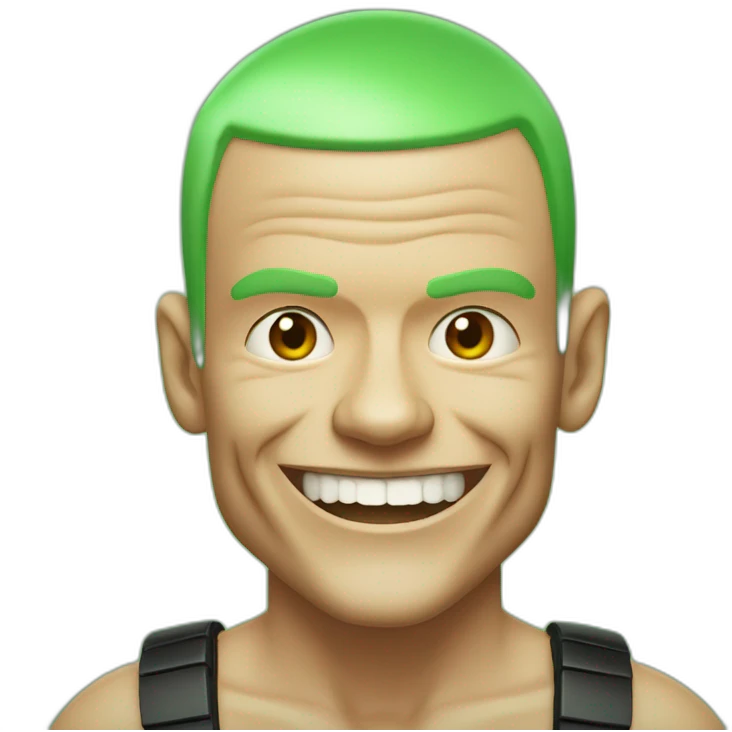 Michael “Flea” Balzary faceshot, with neon green short hair, smiling, showing gap in front teeth,he is the bass player for Red Hot Chili Peppers emoji