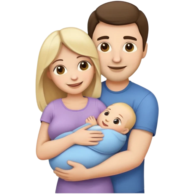 Create a family emoji. The mother is brunette, holding a newborn baby in her arms and the father is blonde, hugged her from behind, both smiling  emoji