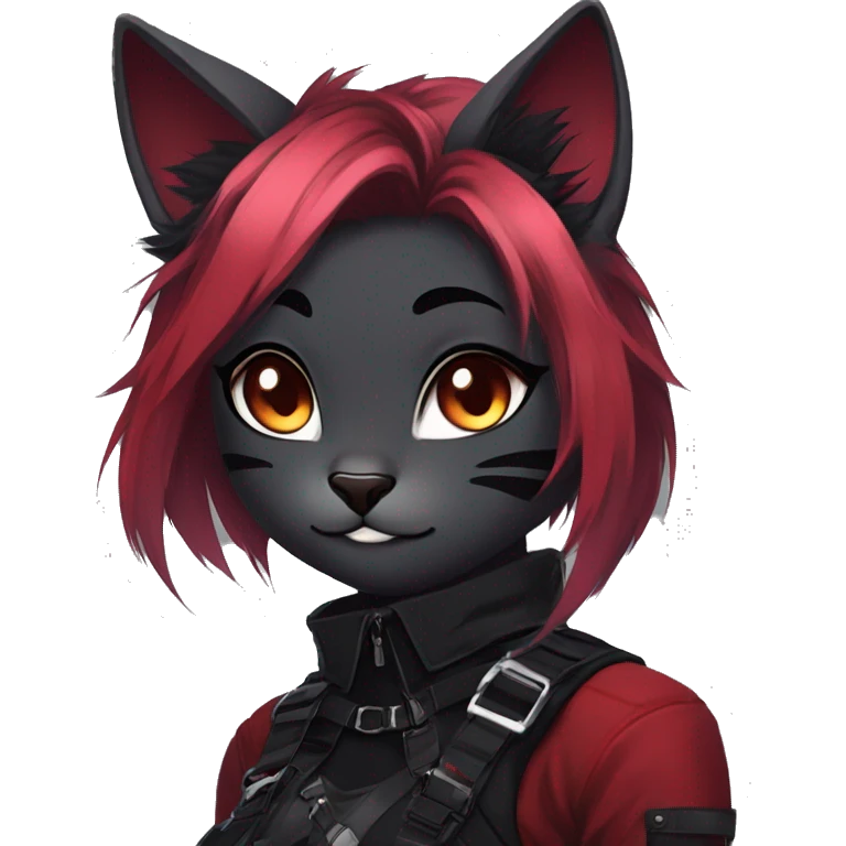 Gorgeous gothic dark techwear anime style anthro cat furry sona with blushing face aesthetic and pretty edgy black red punk messy ponytail hair with collar and harness trending style emoji