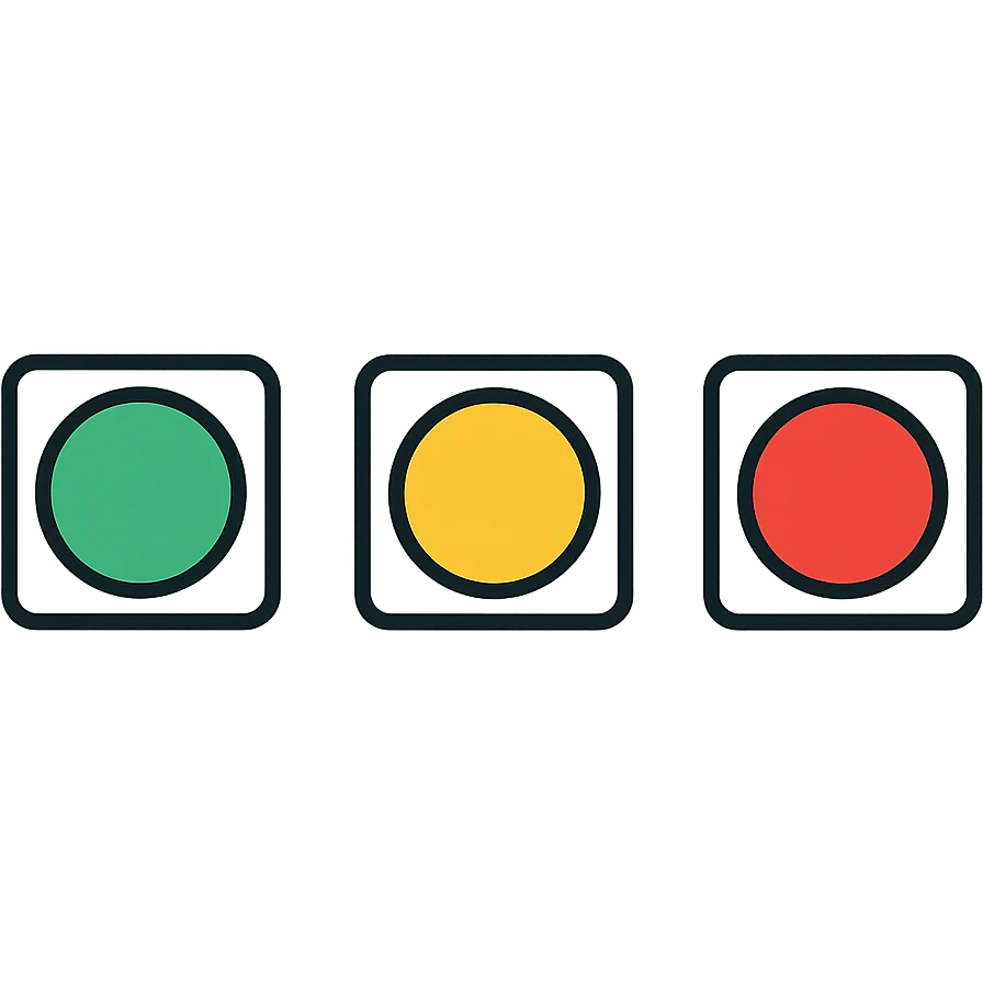 simple sequence of representative icons for each phase, colors indicating status (green, yellow, red), isolated on white background emoji