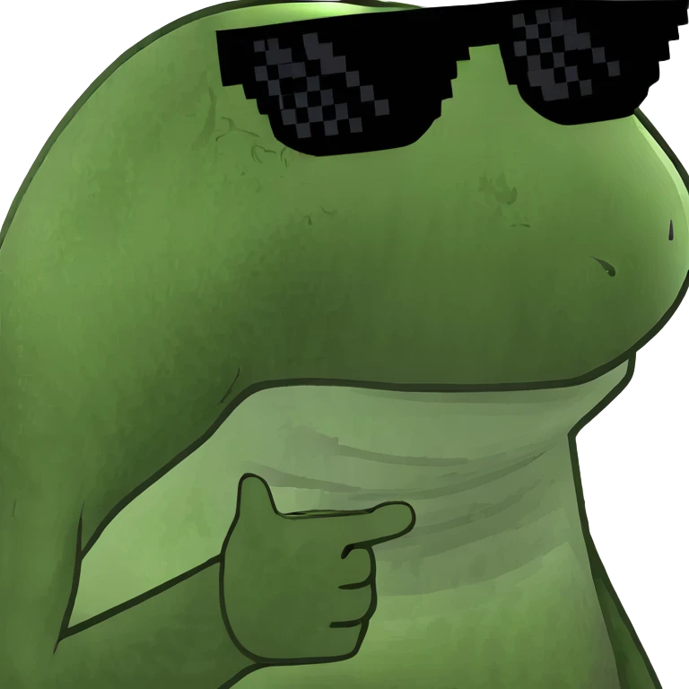 Green frog dancing on beach with sun rays highlighting, happy beach party frog emoji